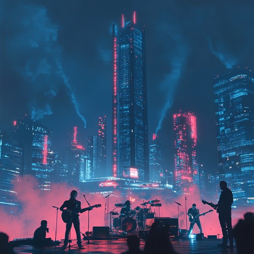 A dystopian soundscape blending aggressive synths and punk rock rhythms for an intense, rebellious track echoing a cyberpunk future.