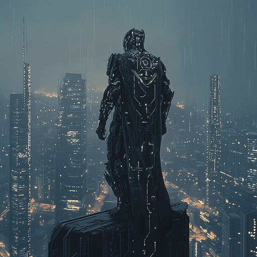 Experience a powerful fusion of electronic synths and driving beats, depicting a climactic struggle in a neon drenched futuristic city.