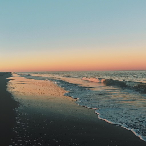 Envision a serene sunset over the beach with waves gently crashing along the shore, setting a calm and content mood. Perfect accompaniment for relaxation or gentle reflection.