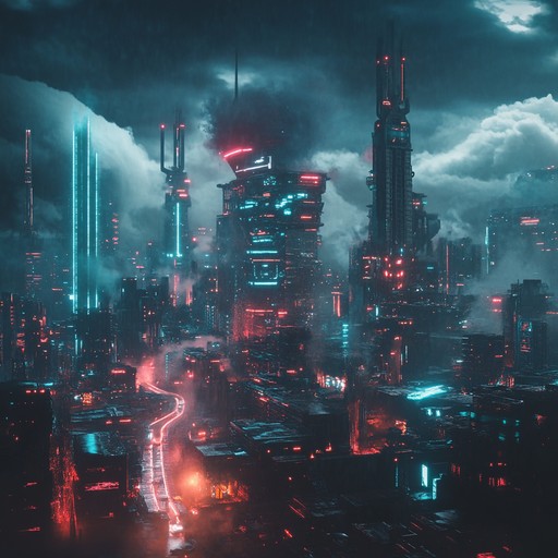 A menacing instrumental electronica track blending dark beats with haunting synthesizers to create an atmosphere of tension and suspense in a dystopian neon lit cityscape.