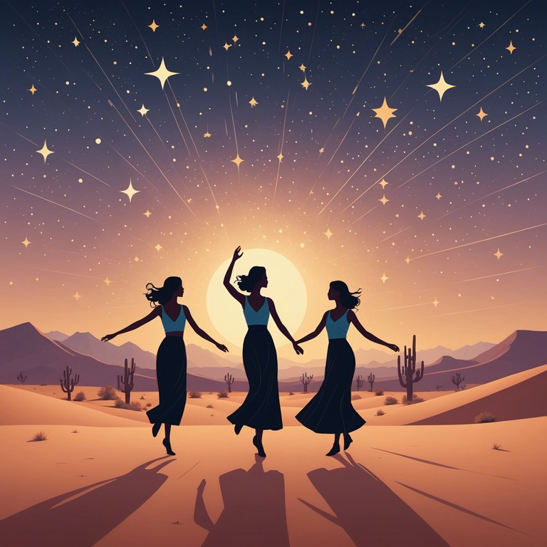 As the night deepens in the middle eastern desert, a group of dancers dressed in flowing robes performs a poetic like dance to the sound of an oud. Their movements are a whimsical dance of shadows and light, captured beautifully under the celestial sky.