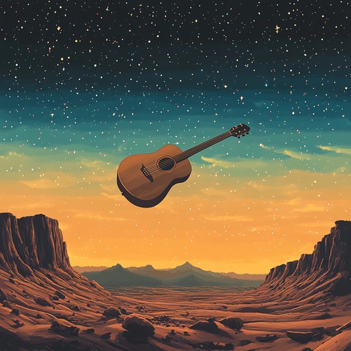 An instrumental country song blending traditional acoustic guitar with otherworldly ambient sounds, capturing the feeling of wandering through alien deserts under starlit skies.