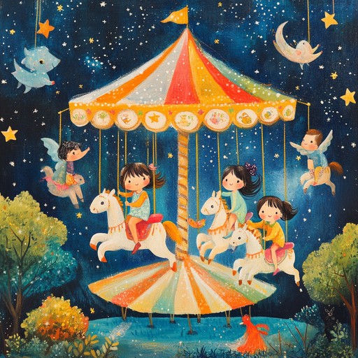 A cheerful instrumental track that invites children to embark on a whimsical ride on a rainbow colored carousel, filled with magical creatures, laughter, and endless fun.