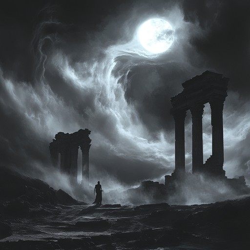 A dark and eerie instrumental piece that blends ancient tribal rhythms with haunting electronic soundscapes, evoking the unsettling feeling of exploring shadowy ruins where unknown entities lurk. The music builds tension with dissonant chords and unusual instrumentation, immersing the listener in a mysterious and ominous atmosphere.