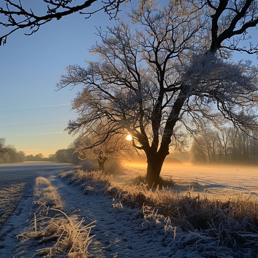 A tranquil and serene instrumental piece capturing the essence of a frosty morning as the sun rises, painting the landscape in a soft, cool glow. Delicate, shimmering tones evoke the icy chill in the air, while warm, gentle melodies symbolize the promise of a new day.