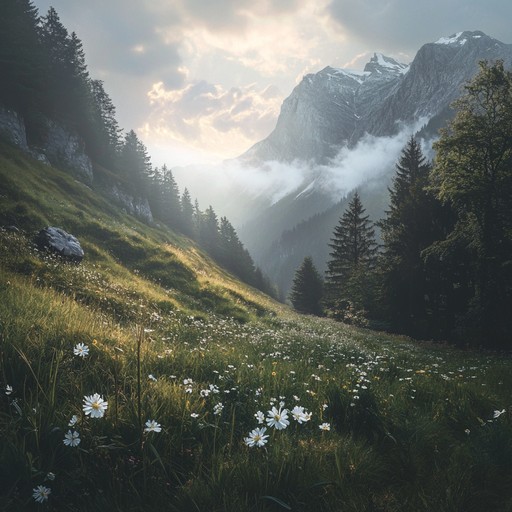 A peaceful, nostalgic voyage that merges traditional german folk with modern ethereal elements, creating a reflective dreamscape set against the backdrop of the alps