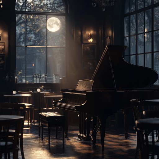 A haunting piano composition that captures the essence of solitude and longing, set against the backdrop of a dimly lit lounge, enveloping the listener in an intimate, nocturnal soundscape