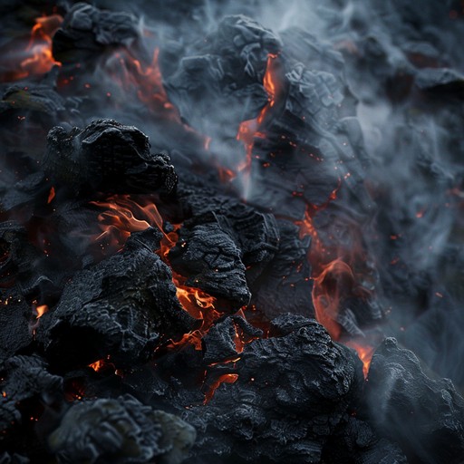 A haunting, atmospheric track featuring the crackling and hissing sounds of smoldering charcoal. The piece evokes a sense of darkness, mystery, and the slow decay of once vibrant flames. Glowing embers pulse softly in the shadows, casting a dim, eerie light.