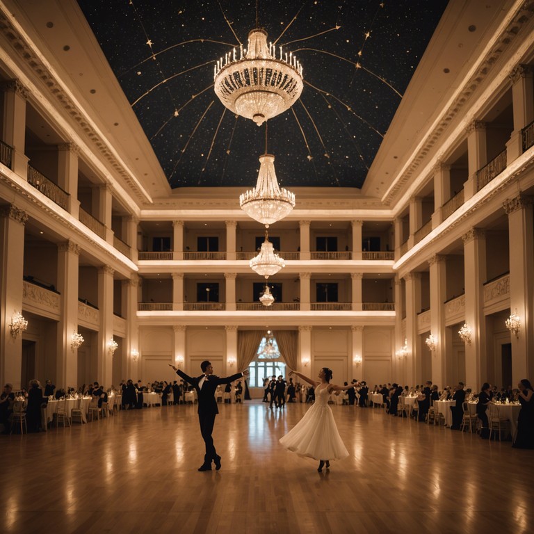 A festive track designed to transport listeners back in time to a bustling dance floor under a starlit night, replete with the sounds of an energetic clarinet echoing through a grand, vintage ballroom.