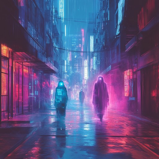 Amidst the flicker of neon lights and shadowy alleyways of a dystopian city, eerie synthesizers, and glitchy beats craft a haunting cyberpunk atmosphere. The track transports you to a future where digital specters haunt the rain soaked streets, casting spectral reflections. Dive into an emotive journey through this synthesized, melancholic landscape.