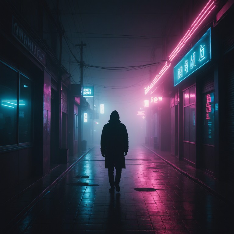 Imagine walking through a dystopian cityscape under a perpetual drizzle, neon signs flickering as uncanny whispers float through the air, creating an atmosphere of suspense and intrigue. The sound is filled with unnatural, eerie elements blended with the urban soundscape of a cyberpunk city.