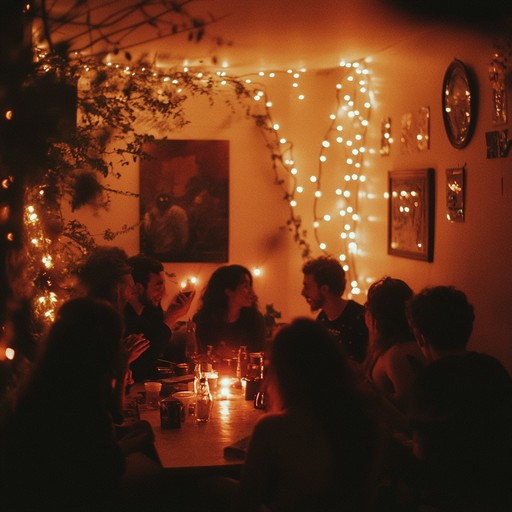 Imagine a lively party where emotions run high, creating a complex blend of festive cheer and deep introspection, evoking a bittersweet sense of celebration and longing.