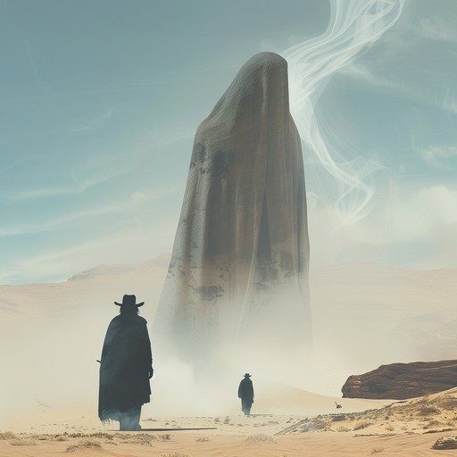 Cowboy faces off against a shadowy figure in a surreal desert, blending traditional western guitars with haunting middle eastern flutes. The result is an enigmatic and tension filled piece, painting a musical picture of distant lands and ancient conflicts.