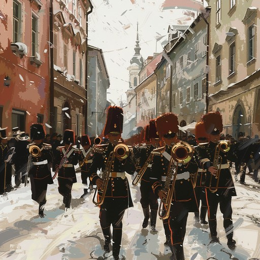 The piece captures the grandeur of a military march, with bold brass instrumentation conveying a sense of heroic discipline and ceremonial pride. Each phrase meticulously follows a cadence that mirrors the synchronized steps of a battalion in full dress uniform. Ideal for celebrations of military history and ceremony.