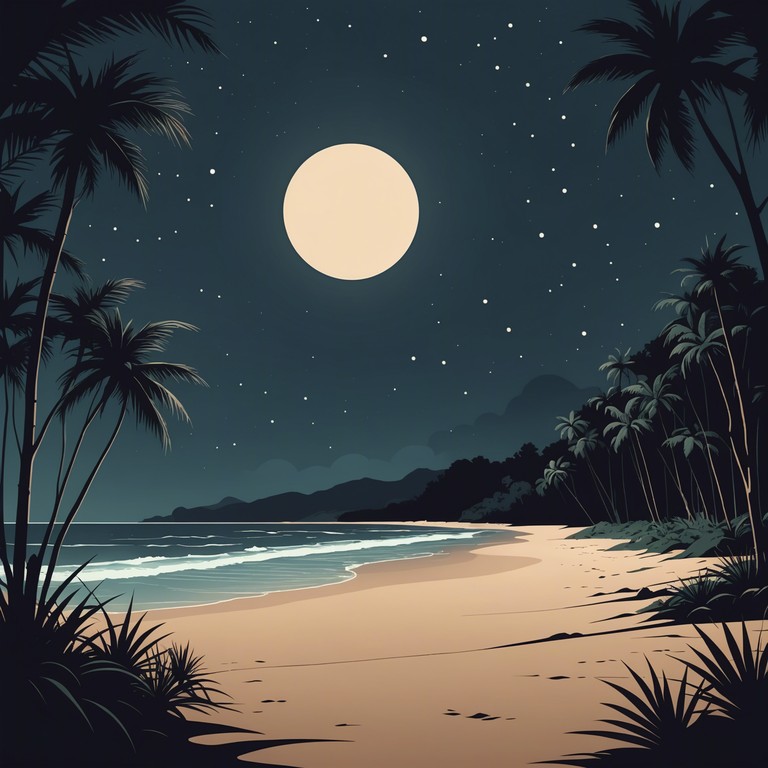 Visualize a seemingly peaceful night on a secluded beach where every leaf's rustle and wave's crash grows increasingly dissonant, hinting at hidden dread lurking just out of sight.