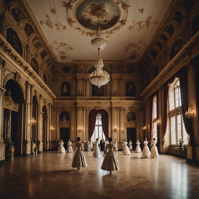 Immerse in a spirited auditory exploration where classical baroque music meets the lighthearted joy of a spring day, echoing through halls of an ancient, sunlit palace.