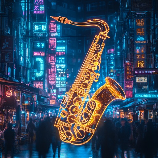 An instrumental track blending house music's pulsing rhythms with smooth jazz saxophone lines and shimmering synths, evoking the vibrant energy of the city after dark.