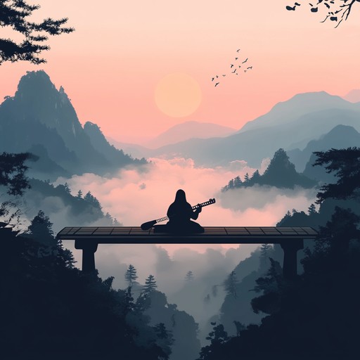 This composition features a haunting gayageum performance that embodies the spirit of korea's majestic, fog laden mountains at dawn. The genteel strings of the gayageum resonate with the rising sun casting golden hues over serene and untouched scenery. The piece invites listeners into a tranquil reflection of nature and timeless beauty, capturing the essence of peace and introspection through traditional korean musical styles.