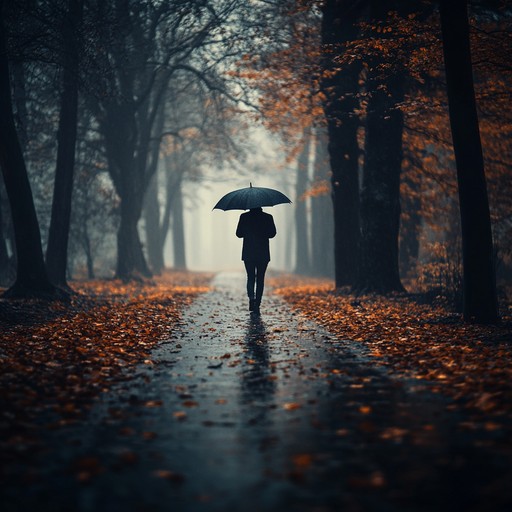 An instrumental piece featuring melancholic piano over ambient textures, capturing the bittersweet feeling of walking alone through falling leaves in a quiet, rainy autumn evening