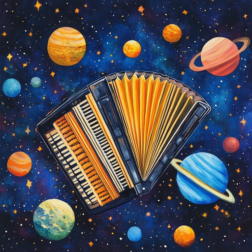 An instrumental polka track that combines lively accordion melodies with futuristic synthesizer sounds, creating an energetic and otherworldly dance experience inspired by the sounds of space and traditional eastern european music.