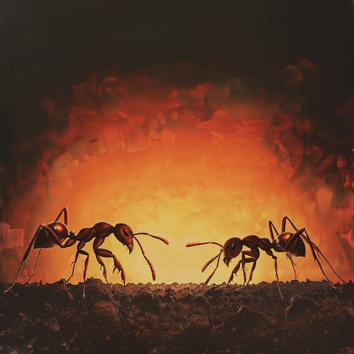 Imagine an army of fire ants marching to battle, their tiny feet pounding the ground in perfect unison. The relentless rhythm is punctuated by deep, resonant war drums and fierce, staccato horn blasts. The melody is carried by distorted electric guitars, playing a simple but powerful riff that cuts through the mix like a swarm of angry insects. As the track progresses, the intensity builds, with the addition of thunderous percussion and searing guitar solos that swirl and dive like enraged ants on the attack.