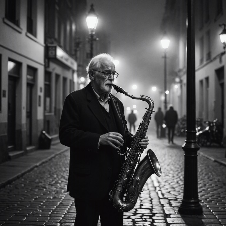 A solitary saxophonist plays under a dim streetlight, emitting soulful tunes that echo through the deserted cobblestone lanes of a sleepy town. The music tells stories of love lost and days long gone, enveloping the night in a tender, melancholic embrace