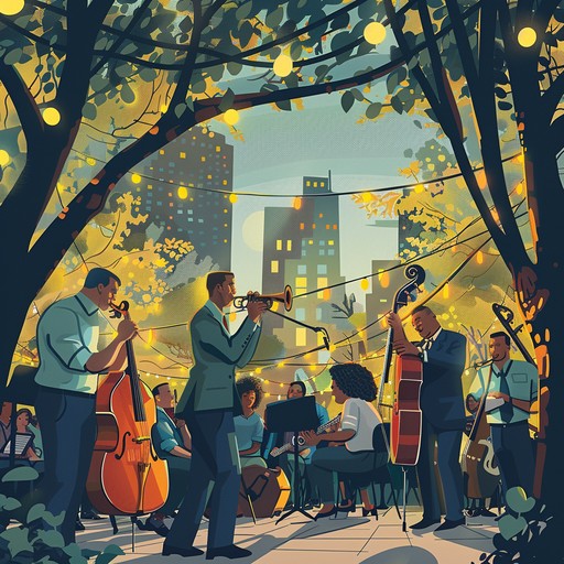 An energetic jazz piece embodying the joyful spirit of summer nights outdoors. With lively saxophone leads, rhythmic swing, and spontaneous improvisations, it brings to life scenes of vibrant outdoor gatherings filled with dancing and laughter.
