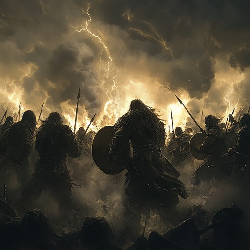 A dramatic and powerful instrumental piece that channels the chaotic energy of an epic battle. Featuring thunderous and rapid drum patterns, this composition depicts an intense conflict under dark and stormy skies. The relentless rhythms create a high tension atmosphere, making listeners feel as though they are on the battlefield themselves.