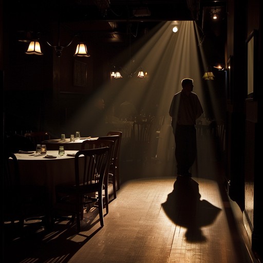 A tranquil, dark cabaret piece enveloping you in shadowy whispers. Picture a dimly lit vintage cabaret bar where the air is thick with mystery. Gentle piano melodies weave through the air, blending nostalgia with an eerie calmness. It’s a hauntingly beautiful composition, perfect for those moments of introspective quietude.