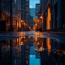 city lights reflect on rainy streets