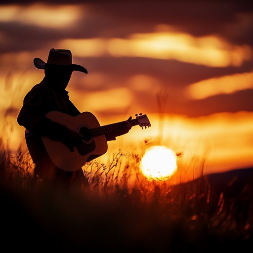 A soothing, heartwarming instrumental focusing on country guitar tones, creating an atmosphere reminiscent of quiet, reflective moments at prairie sunsets. The melodies move gently, painting a vivid picture of wide open landscapes and serene twilight skies. It carries a nostalgic warmth, recalling the simple pleasures and enduring spirit of the cowboy life.