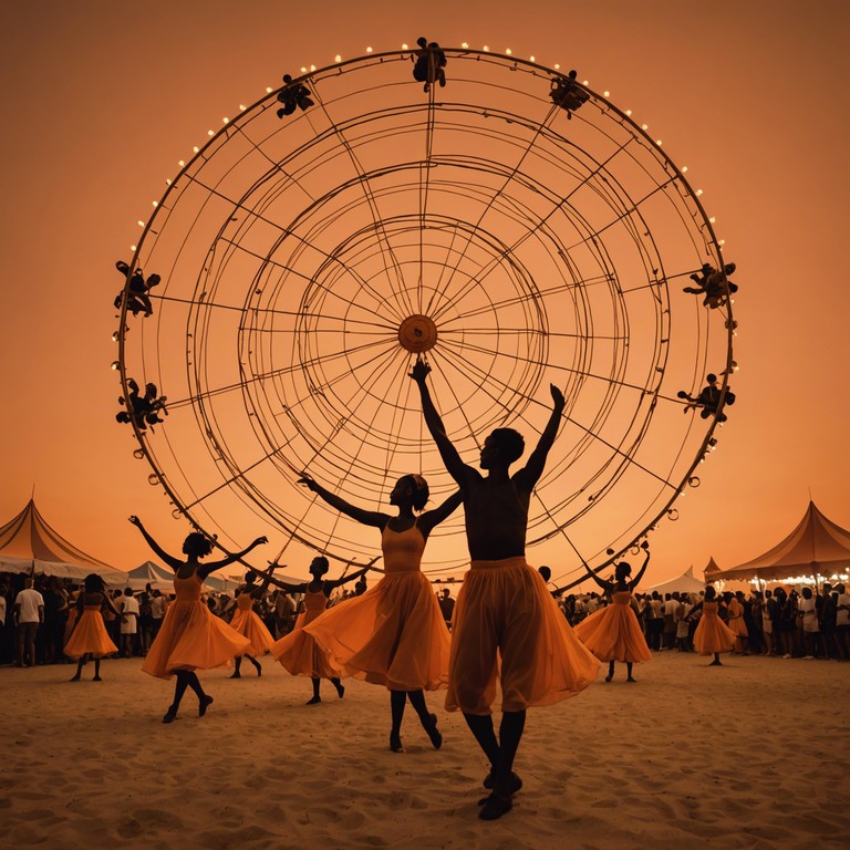 A soundtrack that encapsulates the spirit of a grand carnival. The powerful drums and rhythmic vibrations create an unforgettable atmosphere of merriment and cultural pride, as dancers move in sync with the beat under a fading sky.