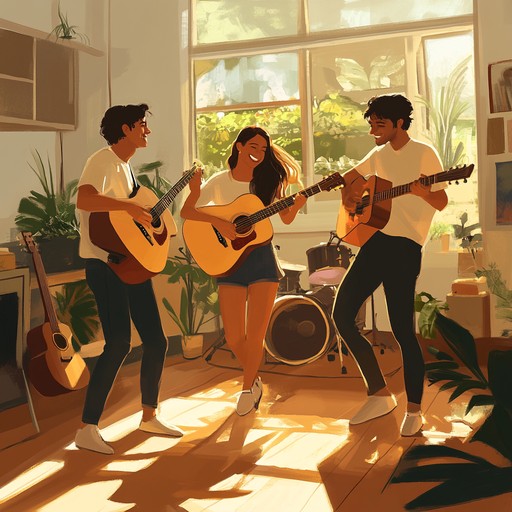 Envision a sunny summer day filled with carefree joy as friends gather in the garage to play lively rock music. The energetic electric guitar rhythms create an upbeat atmosphere perfect for dancing and enjoying good company.