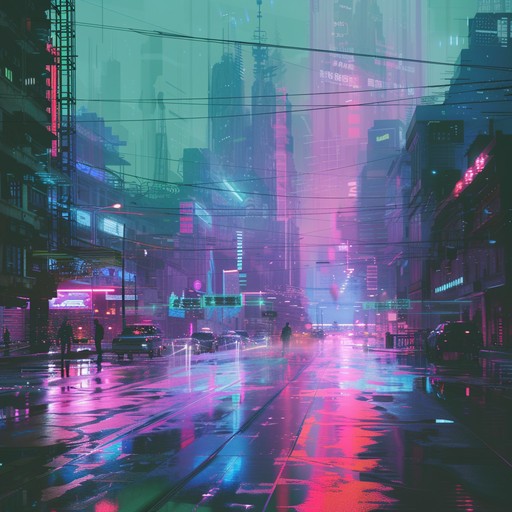 Imagine yourself wandering through a neon-lit, cyberpunk city at night, immersed in a dreamlike atmosphere. Glitchy electronic textures, pulsating synths, and intricate rhythmic patterns intertwine to create a captivating and surreal soundscape. The music ebbs and flows, taking you on a journey through the city's dark alleys and towering skyscrapers.