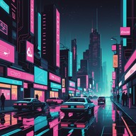 futuristic cityscape festively lit, cyber sounds.