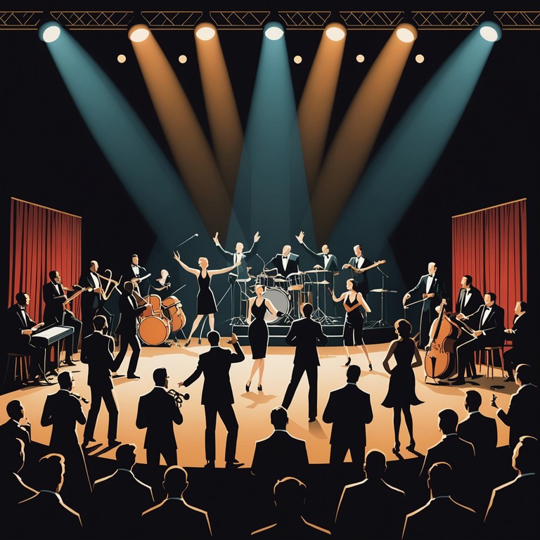 Imagine a grand cabaret venue from the golden age of jazz, packed with sparkling lights, extravagant costumes, and performers capturing the heart of an energetic jazz tune with a playful and glamorous edge.