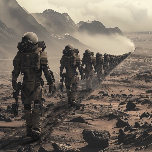 A mystical military march with surreal brass and ethereal synths, capturing the disciplined yet enigmatic nature of an alien battalion on a desolate planet.