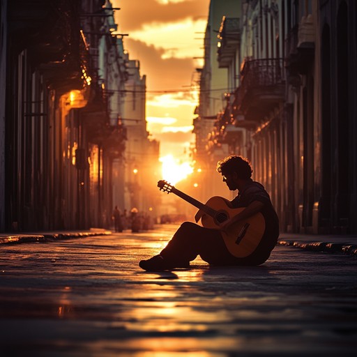 This piece captures the essence of a solitary evening in havana, blending traditional afro cuban rhythms with a somber melodic theme. The acoustic guitar leads with poignant and resonant strums that carry a sense of longing, while subtle percussion underlines the pervasive solitude. It paints a vivid picture of an empty street bathed in the orange glow of the setting sun, resonating with listeners on a deeply emotional level.