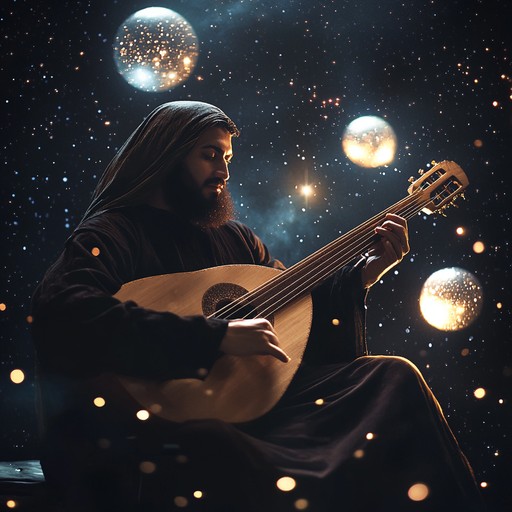 Traditional middle eastern oud melodies blend seamlessly with futuristic electronic sounds, creating an evocative dreamscape of a mystical night in the desert under a star filled sky.