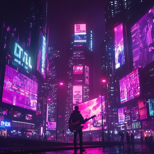 A fusion of traditional blues rock with modern electronic twists, featuring intense guitar solos interwoven with spacey synthesizer sounds and a pulsating, driving rhythm. This instrumental track evokes a journey through a neon lit, cyberpunk cityscape, maintaining the raw emotional depth of blues rock while introducing futuristic flair.