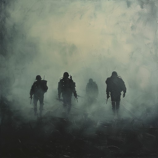 Marching drums progress in rhythm, enveloped by dark, tension filled synths, evoking an unsettling sense of dread amidst a tense battlefield. This instrumental takes listeners on a psychological journey through a war zone, contrasting the regimented military feel with haunting atmospheric layers.