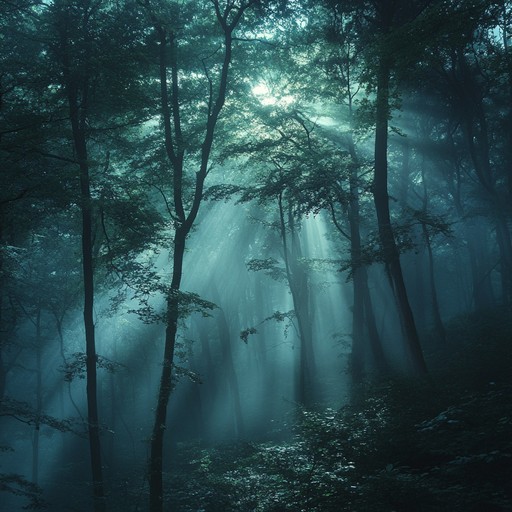 Navigate an eerie, mystical forest brimming with enchanted beings and ancient, magical lore. Ethereal flutes provide haunting melodies while deep strings create a dark, moody atmosphere. Soft percussion underscores this mysterious atmosphere, captivating listeners with sonic wonder.