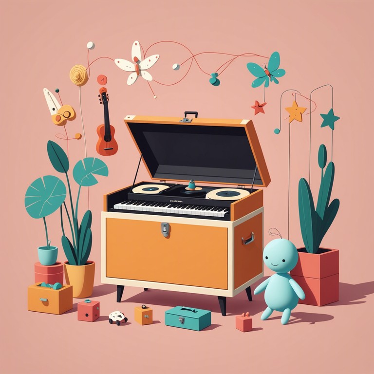 Imagine a miniature, whimsical world where tiny dancers inside music boxes come to life through the serene sounds of sophisticated electronic instruments, mixed with playful toy piano melodies in a composition that evokes images of children's toys and the innocence of youth.