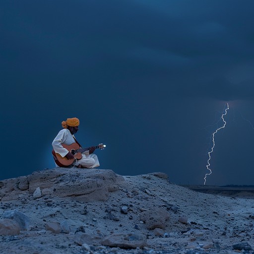 Dive into an evocative and intense instrumental fusion blending the complex rhythms of indian raga with the fierce, driving energy of rock music. This piece aims to transport listeners to a mystical desert landscape, merging traditional sitar melodies with electric guitar riffs and powerful drumming. Ideal for creating an immersive and exhilarating sonic experience.