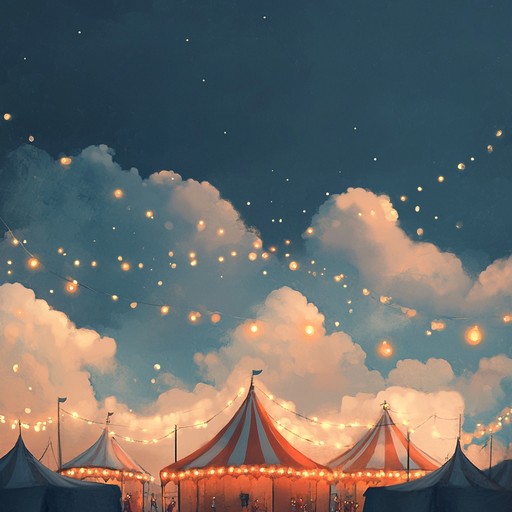 Imagine a circus under a twilight sky, where the laughter of children blends with the distant roars of lions and the vibrant tunes of a lone accordion echoing through the night. The music carries a whimsical yet mysterious vibe, drawing everyone into a world of awe and wonder, slightly tinted with a nostalgic hue of an old generation circus, complete with clowns, trapeze artists, and a ringmaster guiding the night's festive escapades.