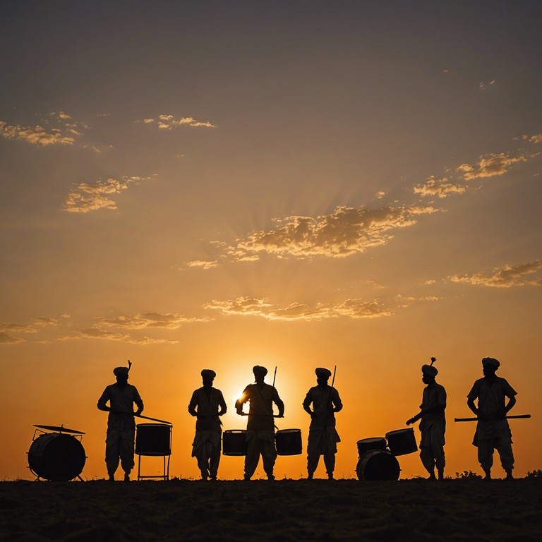 Imagine a cinematic scene set in the heart of punjab, where two opposing groups express their rivalry and eventual unity through a powerful, rhythm driven musical duel. The dhol serves as the primary narrator, conveying the intensity and emotional depth of the conflict and resolution. Each beat tells a story of tradition, pride, and the unifying power of music.