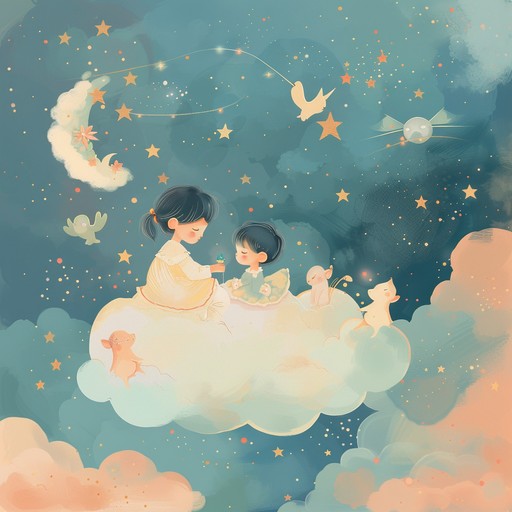 This composition blends soft, soothing tones with whimsical melodies, creating a gentle, magical atmosphere perfect for young children. The main instrument is a harp, creating delicate, celestial sounds that enhance the song's enchanted, playful feel. Light percussion and gentle woodwinds add a touch of warmth and fantasy, ensuring a captivating, dreamlike experience for little ears.