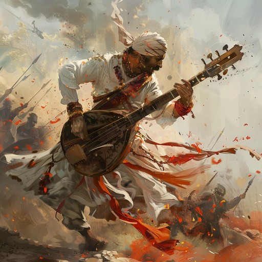 A powerful instrumental piece inspired by hindustani classical music, capturing the essence of historical battles and the warrior spirit. Strong and rhythmic tabla beats are paired with soaring sarangi melodies, creating a dramatic and intense atmosphere. Perfect for evoking scenes of ancient warriors preparing for battle, with a modern twist that keeps the energy high.