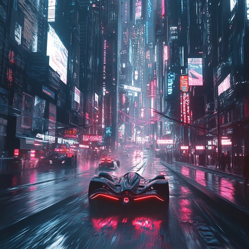 Imagine a pulse pounding night race through a cyberpunk cityscape. This track features thumping electronic beats and layered synthesizers to create high energy and tension, evoking the adrenaline of a high speed pursuit under glowing neon lights.