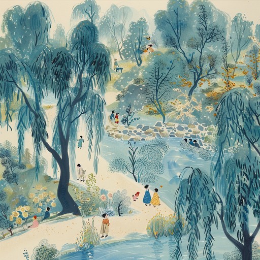 A serene instrumental piece capturing the lighthearted spirits of dancing children, playing hide and seek under a canopy of weeping willow trees by the riverside, with the gentle rustle of leaves accompanying a melodious tune